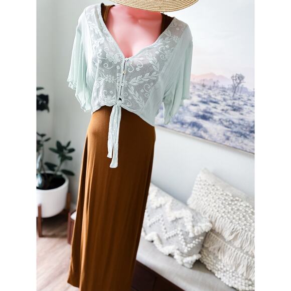 New seafoam lace panel kimono crop flutter top + ribbed bodycon maxi dress L - Picture 1 of 8